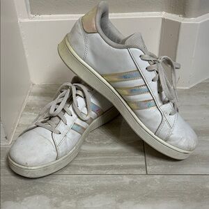 Adidas White Sneakers with Iridescent Stripes (men’s 7, for like women’s 8.5)